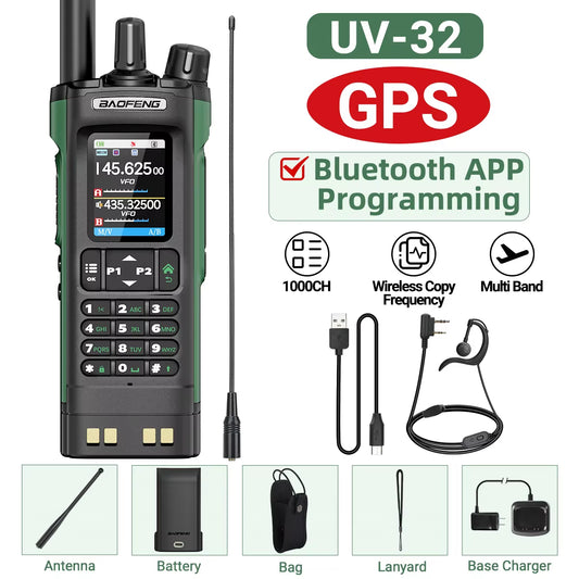 UV-32 GPS Walkie Talkie 10W Long Range Multi Band Bluetooth APP Programming Wireless Copy Frequency Type-C Two Way Radio