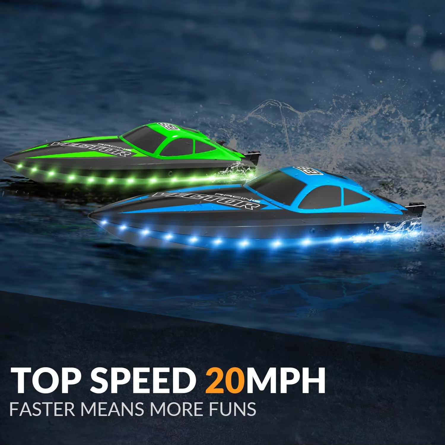 VOLANTEXRC RC Boat 20MPH Fast Remote Control Boat with Lights 2.4Ghz Toy Boat for Pools and Lakes with 2 Rechargeable Batteries