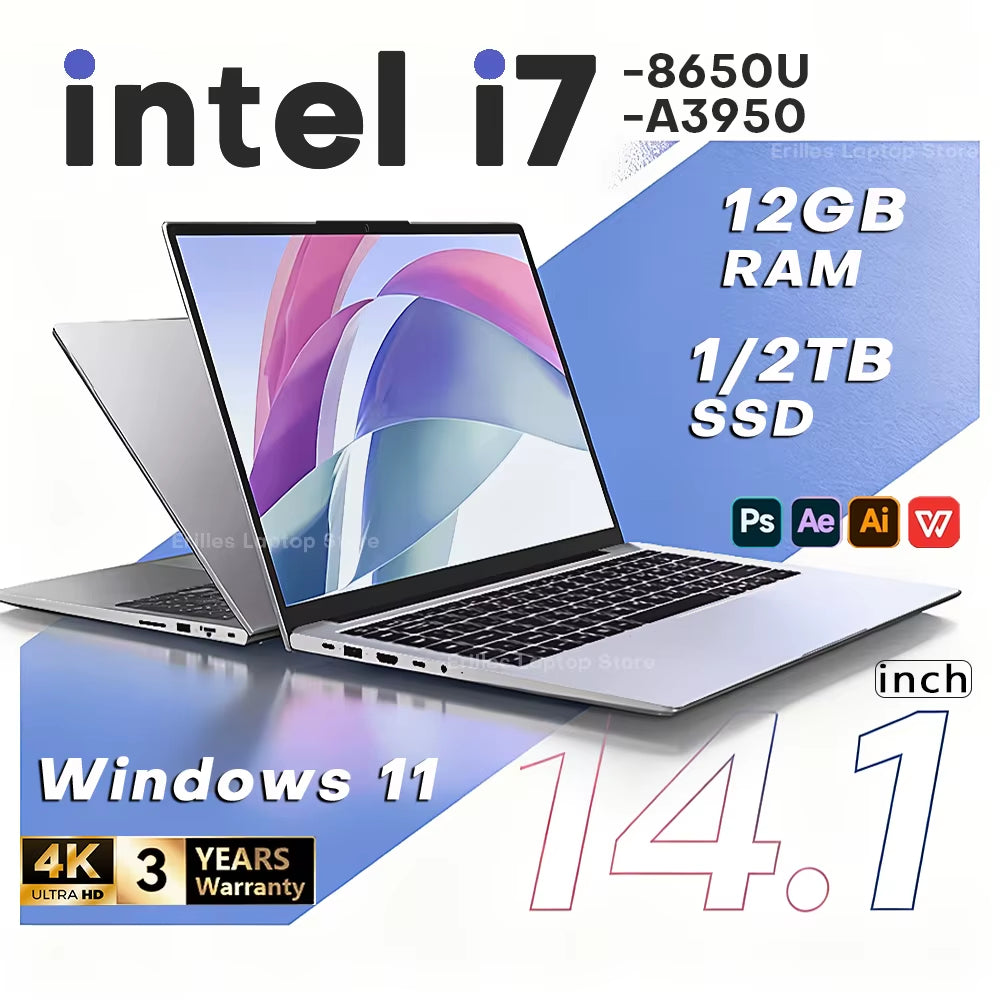 14.1"Laptop Computer PC  Core I7 8650U Atom 3950 Ultra Slim Notebook 12GB RAM 1TB 2TB SSD Office Study Windows 11 1920*1080