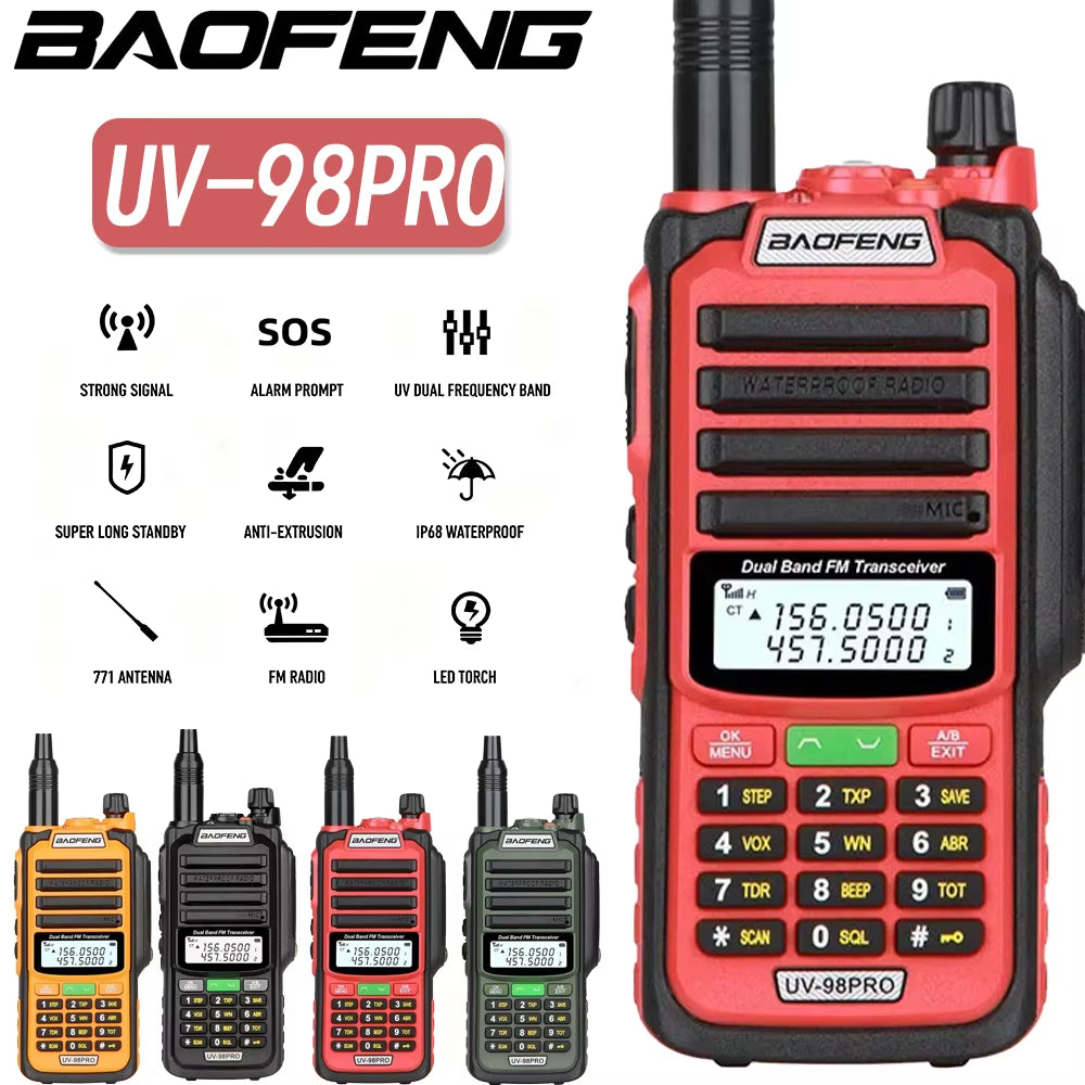 UV-98 PRO Walkie Talkie Long Range 10W High Power IP68 Waterproof Two Way Radio Dual Band FM Portable Hunting Radios