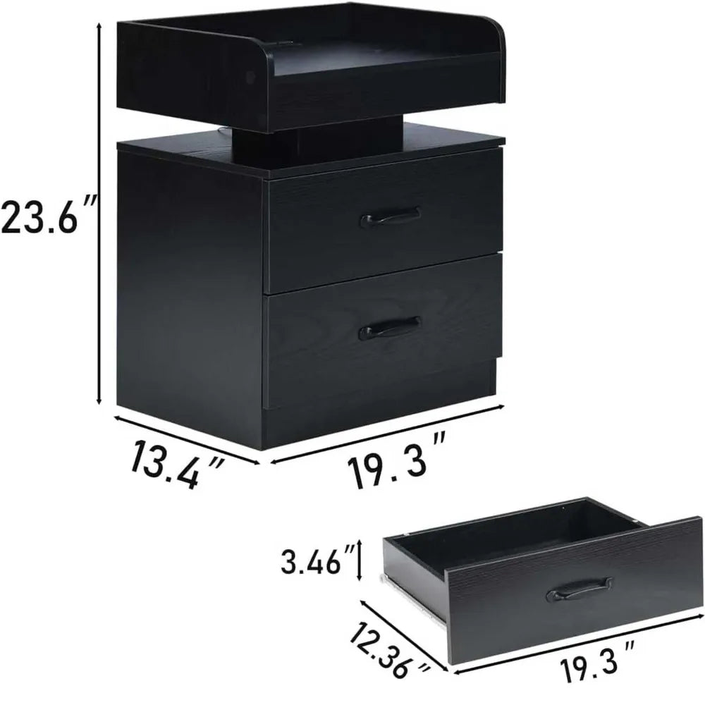 Black Nightstand with Charging Station, Bedside Table for Bedroom, LED Nightstand, Modern Night Stand with Drawers,, Customized