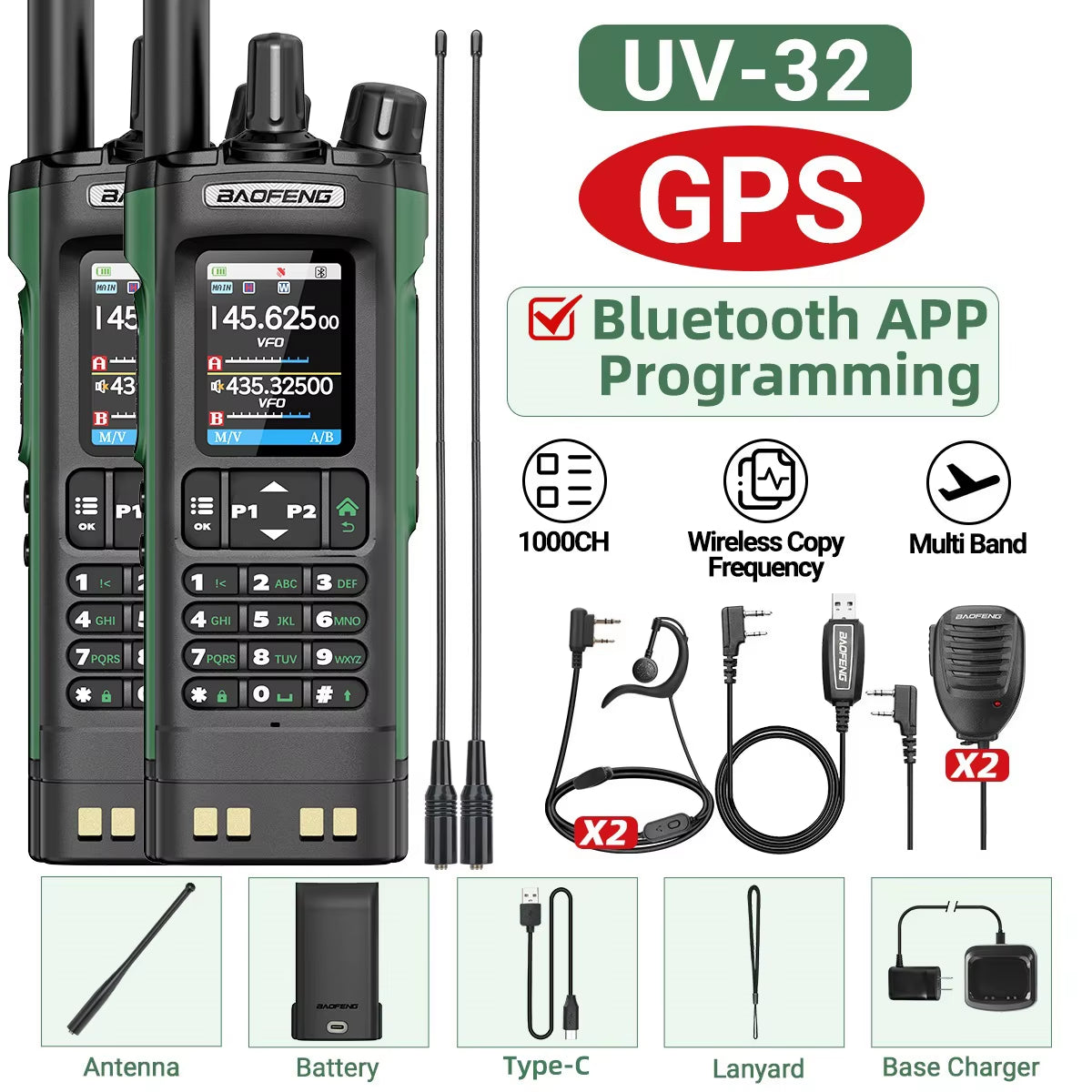 UV-32 GPS Walkie Talkie 10W Long Range Multi Band Bluetooth APP Programming Wireless Copy Frequency Type-C Two Way Radio