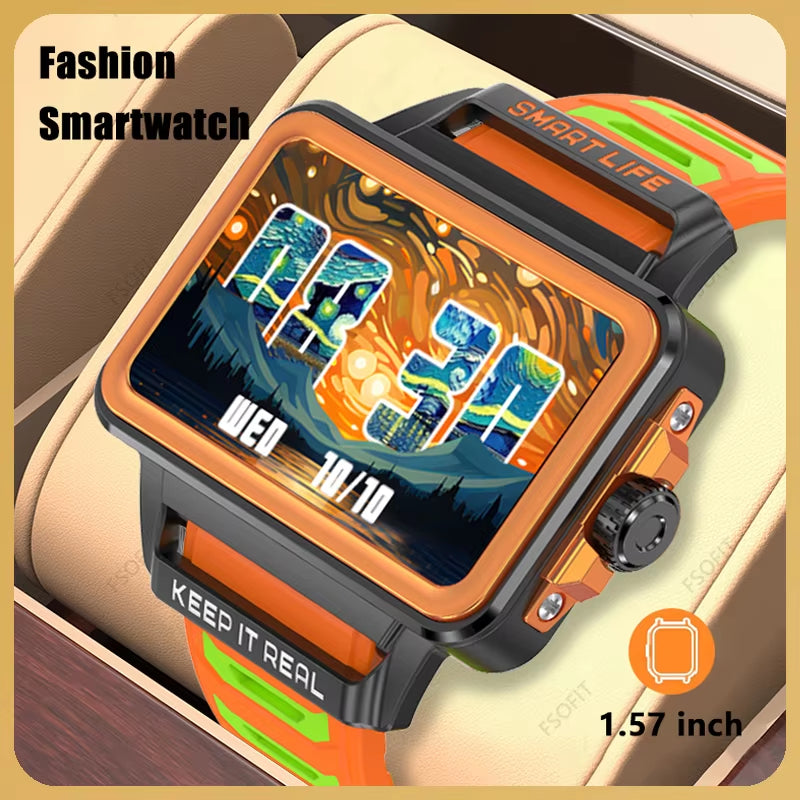 Hip Hop Fashion Personality Smart Watch 1.57-Inch HD Screen 24H Continuous Heart Rate Sleep Monitor Game Waterproof Smartwatch
