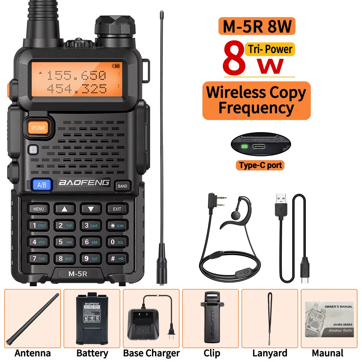 1/2PCS  M-5R 8W Walkie Talkie Multi Band Type-C Wireless Copy Frequency AM Long Range for UV-5R Two Way Ham Radio