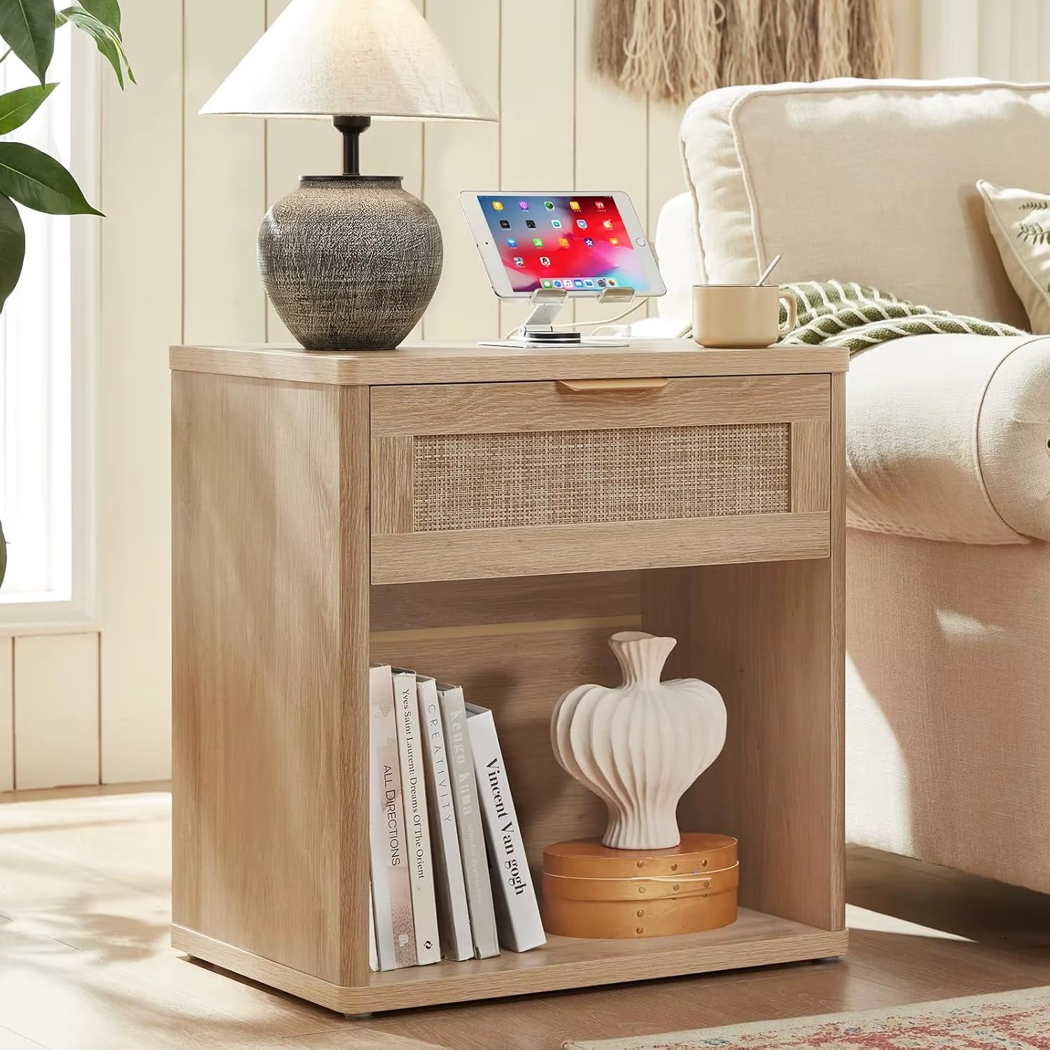 Rattan Nightstand Set of 2 with Charging Station, 1 & 2 Drawers Boho Night Stand Dresser for Bedroom, Natural Wood, Customized