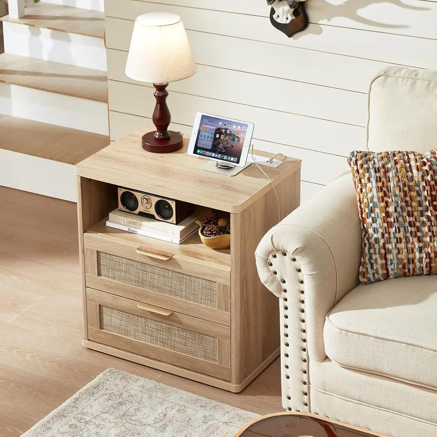 Rattan Nightstand Set of 2 with Charging Station, 1 & 2 Drawers Boho Night Stand Dresser for Bedroom, Natural Wood, Customized