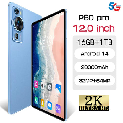 2025 New Original P60PRO Tablets 12Inch Global Version HD Tab Android 14 16GB+1TB Tablet 20000Mah 5G Dual SIM Wifi GPS Tablet PC