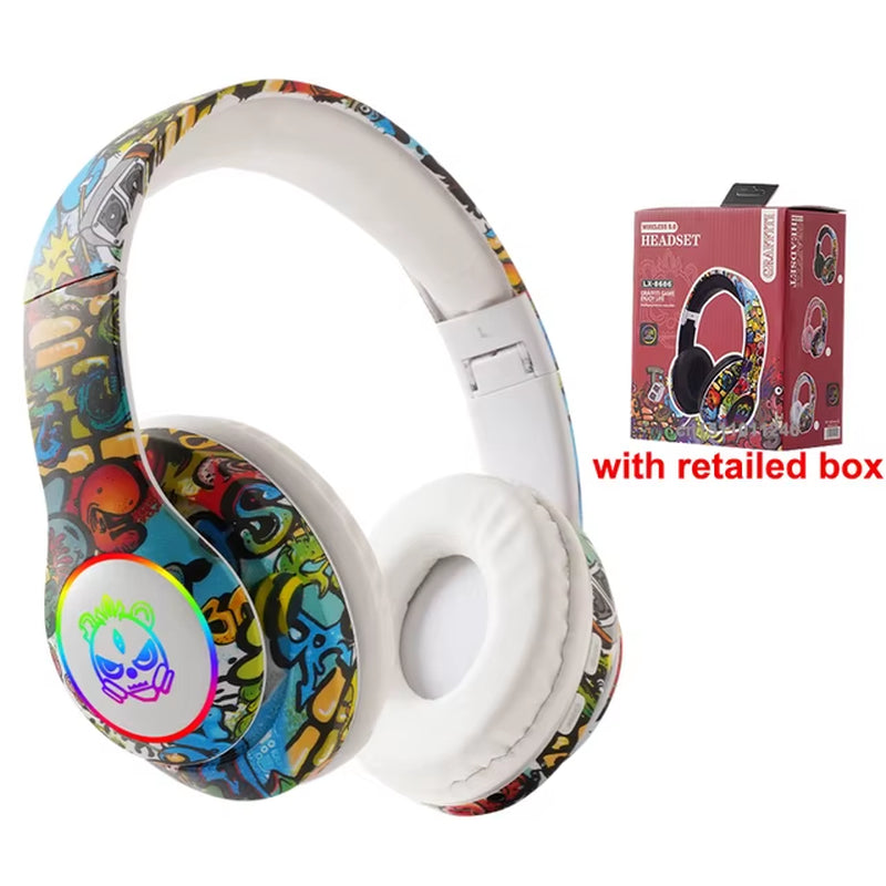 Graffiti Bluetooth Headphones Wireless LED Light Game Doodle Wireless Headsets with Mic for Kids Boy Girl Gift Support TF Card
