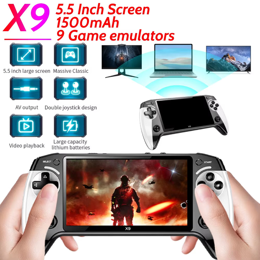 X9 Handheld Game Console Built-In 9 Classic Game Emulators 5.5Inch Screen 1500Mah 360° Non-Slip Joystick Retro Video Game Player