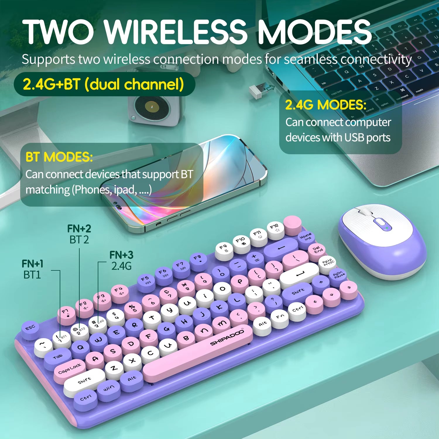 2.4G Wireless Keyboard&Mouse Combo Silent round Keycap Keyboard Bluetooth Rechargeable Computer Laptop 3 Steps 2400 DPI