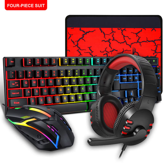 Esports Set 4 in 1 Kit Wired RGB Backlit Gaming Keyboard and Mouse Headset Combo,Rainbow LED Backlit Wired Keyboard for Gamer