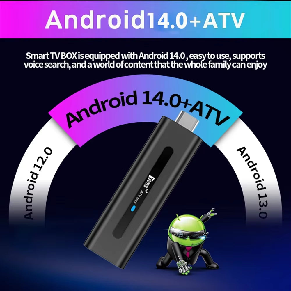 TV98 Mini TV Stick Android 14 TV Stick HDR Set Top Box 8K Video Wifi 2.4/5G Streaming Smart TV Box for Network Media Player