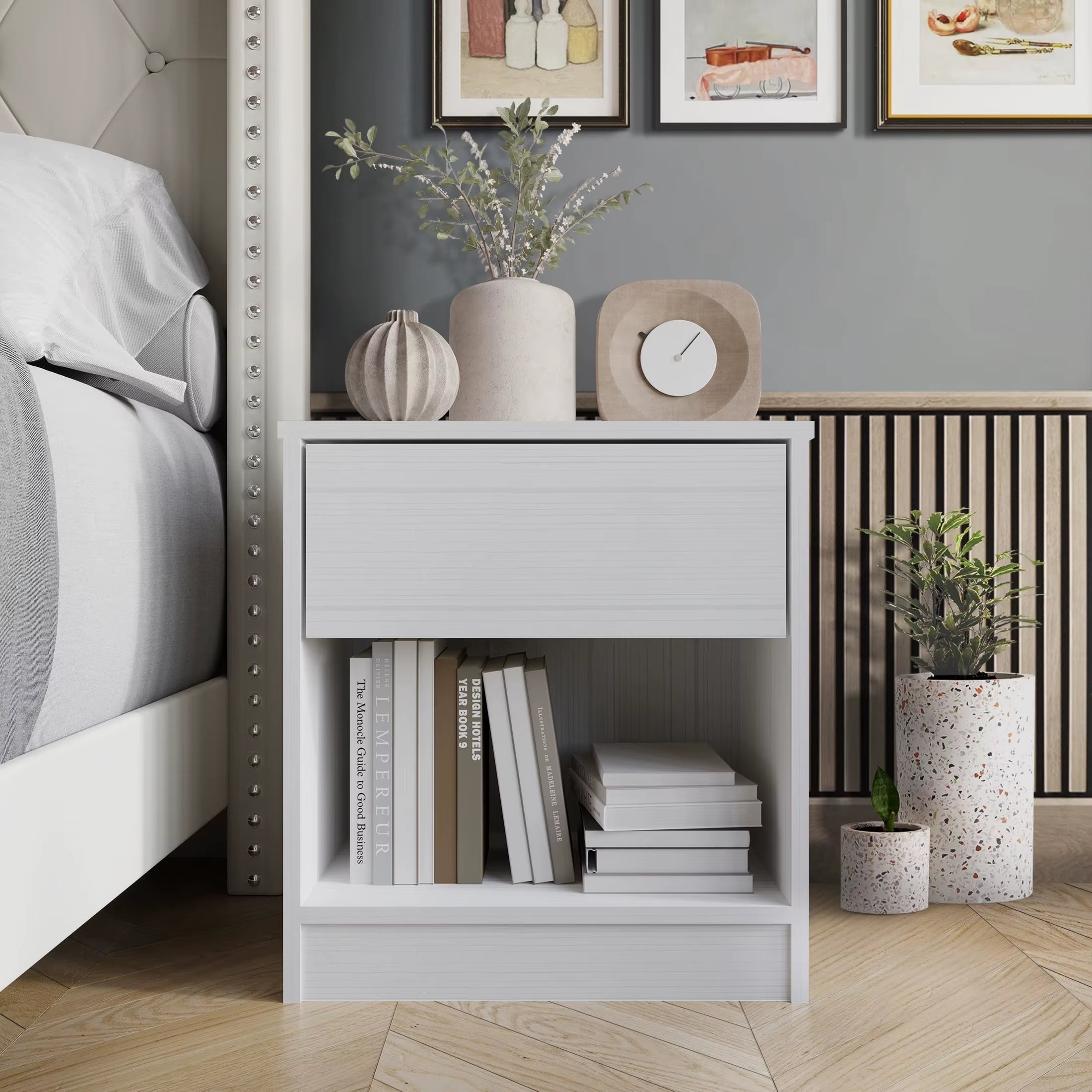 Versatile Wood Side Table for Living Room, Lounge, Stable and Sturdy Design. Minimalist Nightstand With1Drawer, Dark Gray