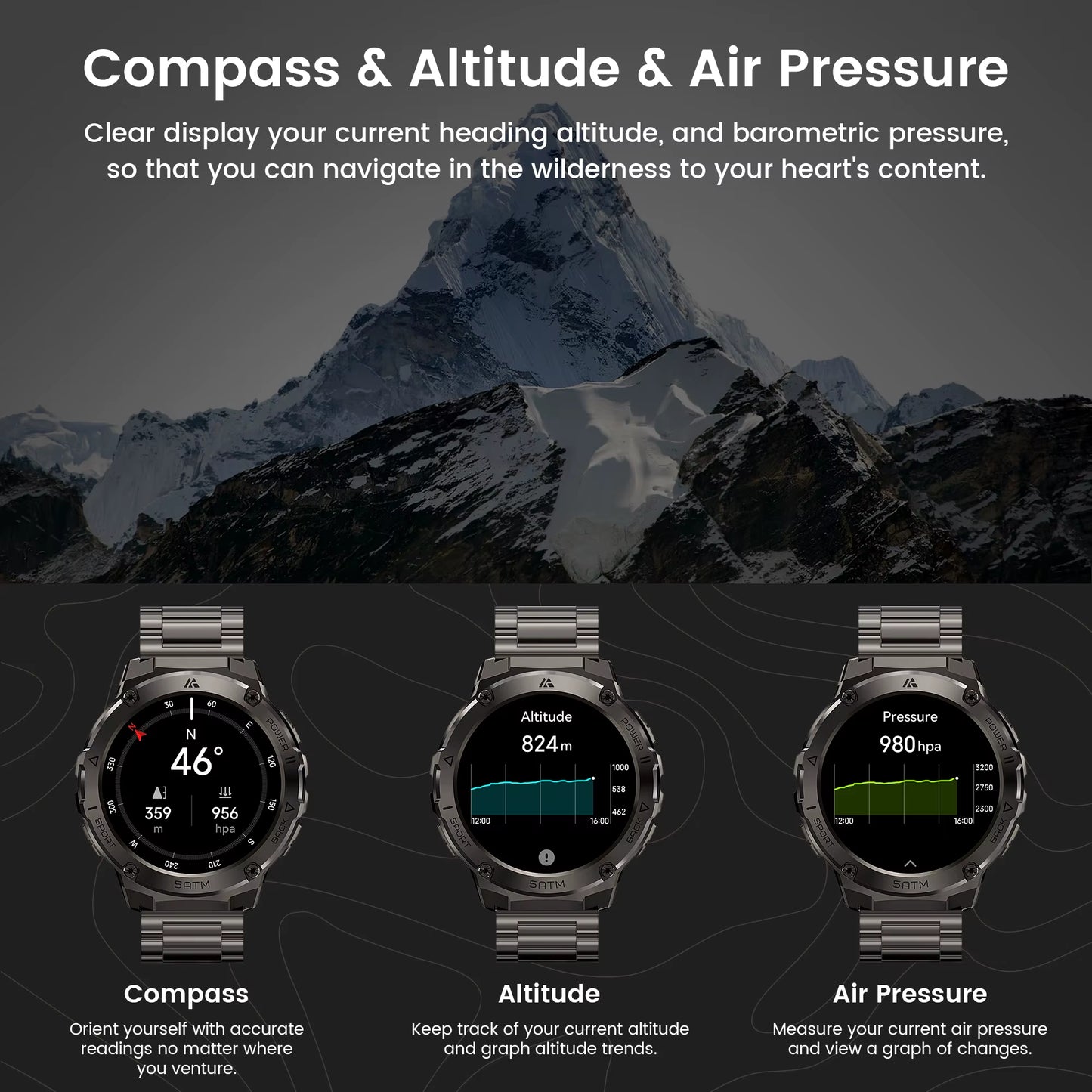 T3E GPS Smart Watch for Men Compass Altimeter Altitude Stainless Steel Shell 5ATM IP69K Waterproof 470Mah AMOLED Watches