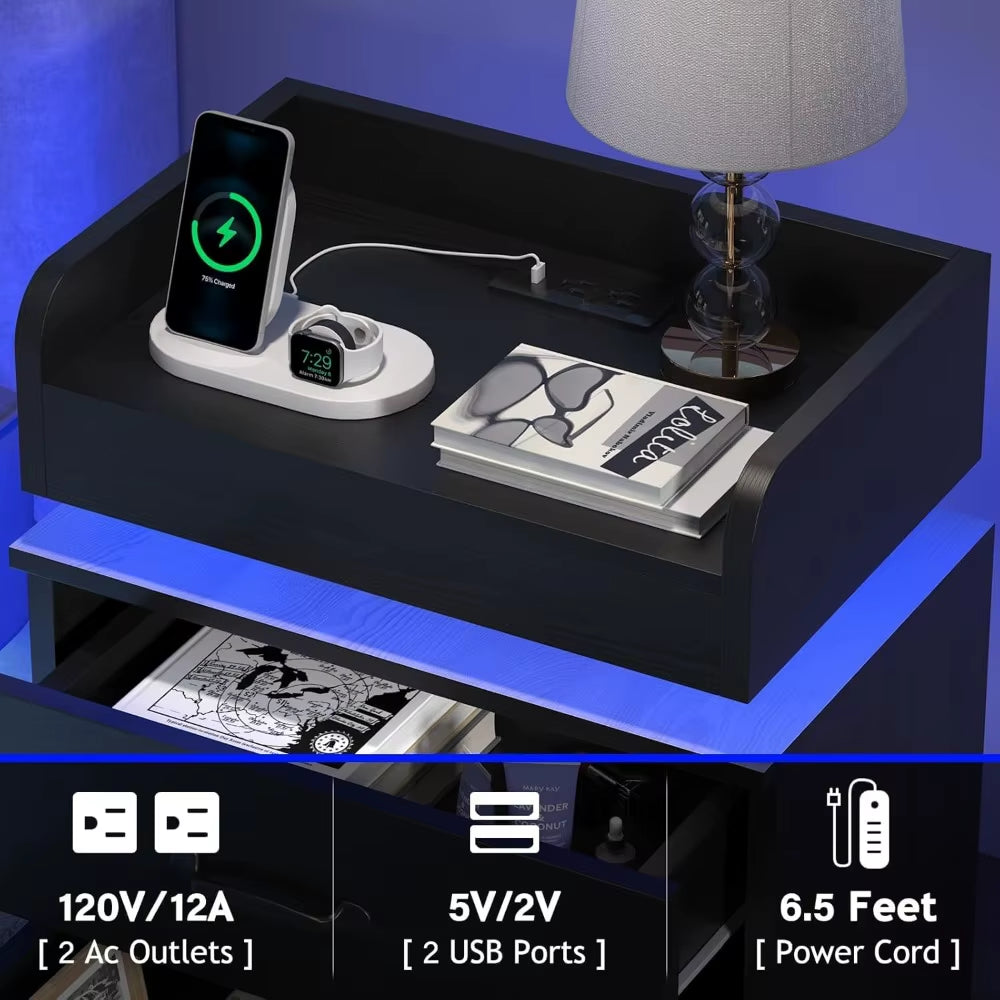 Black Nightstand with Charging Station, Bedside Table for Bedroom, LED Nightstand, Modern Night Stand with Drawers,, Customized