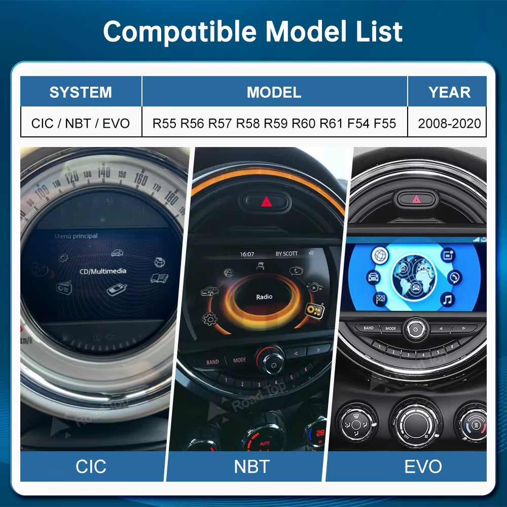 Roadtop Wireless Carplay Android Auto for Mini R55 R56 R57 R58 R60 R61 F54 F55 F56 Clubman Countryman Cooper John Cooper Works