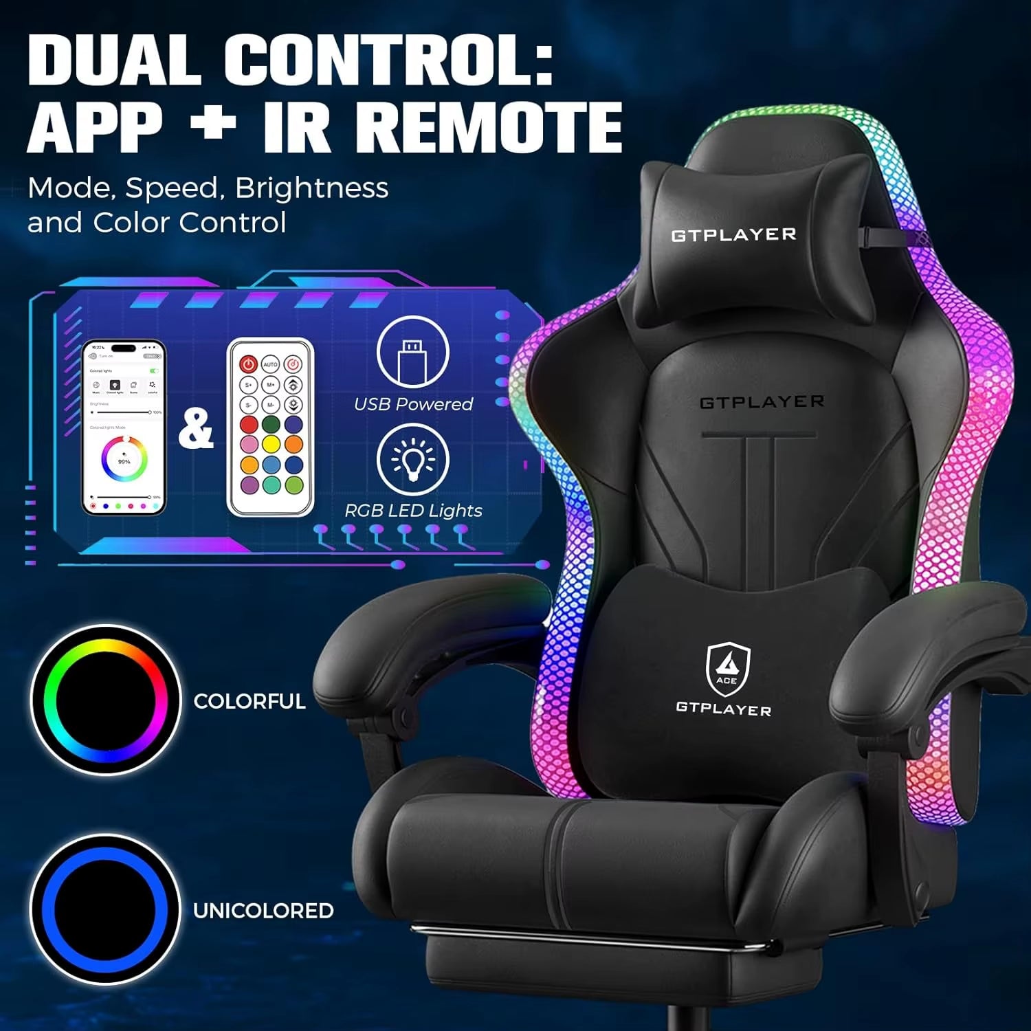 Ergonomic Gaming Chair with RGB LED Lights, High Back, Footrest & Reclining for Office Use