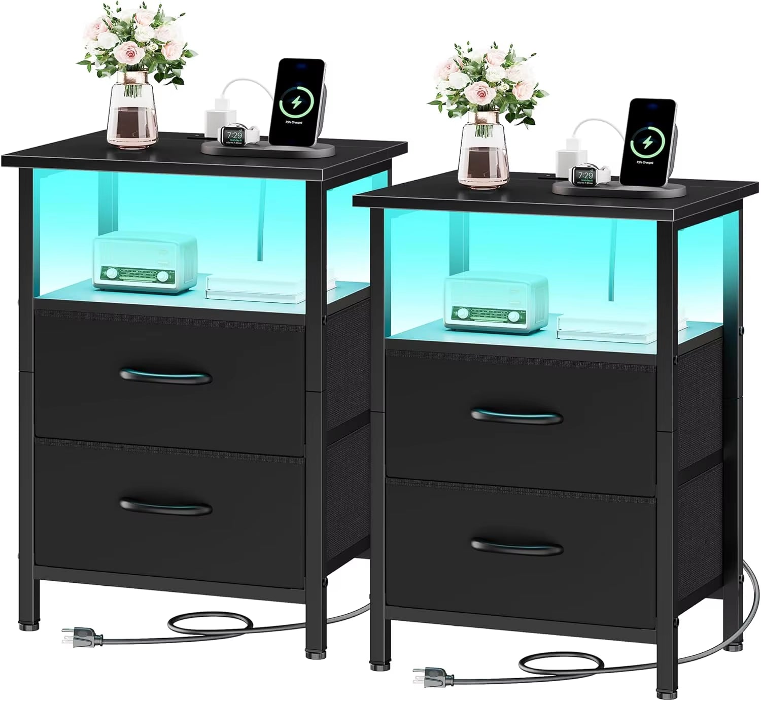 2-Piece Nightstand Set with LED Lights & Charging Station, 2 Fabric Drawers & Storage Shelves, Black Bedside Tables for Bedroom
