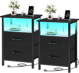 2-Piece Nightstand Set with LED Lights & Charging Station, 2 Fabric Drawers & Storage Shelves, Black Bedside Tables for Bedroom
