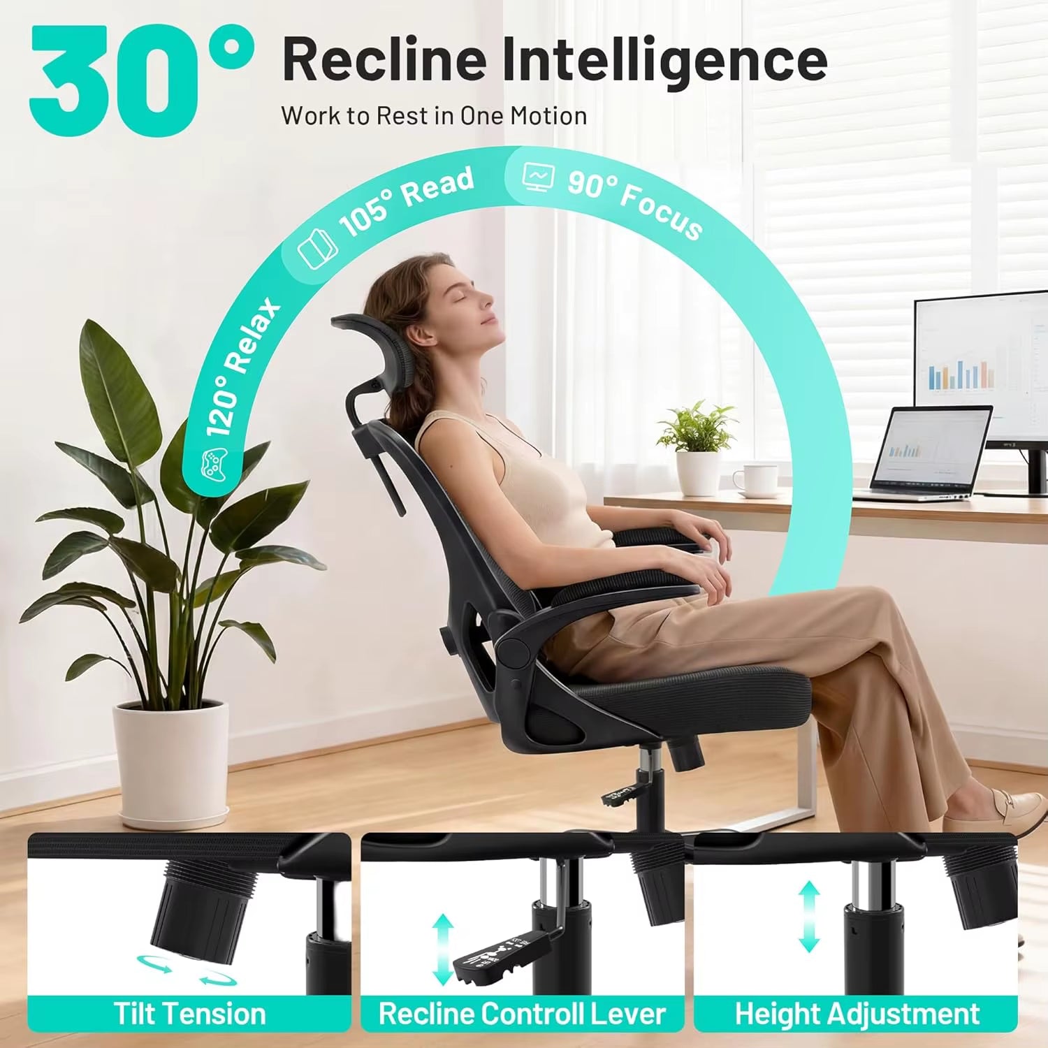 Office Chair - Ergonomic Desk Chair Breathable Mesh Chair with 2D Headrest & Adjustable Lumbar