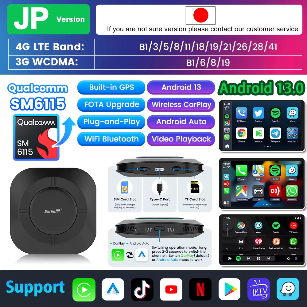 Android 13 Tv Box Carplay Android Auto 8 Core Wired to Wireless Adapter for Netflix Spotify Youtube Car Accessories