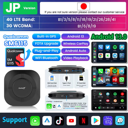 Android 13 Tv Box Carplay Android Auto 8 Core Wired to Wireless Adapter for Netflix Spotify Youtube Car Accessories