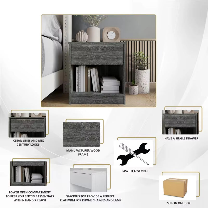 Versatile Wood Side Table for Living Room, Lounge, Stable and Sturdy Design. Minimalist Nightstand With1Drawer, Dark Gray