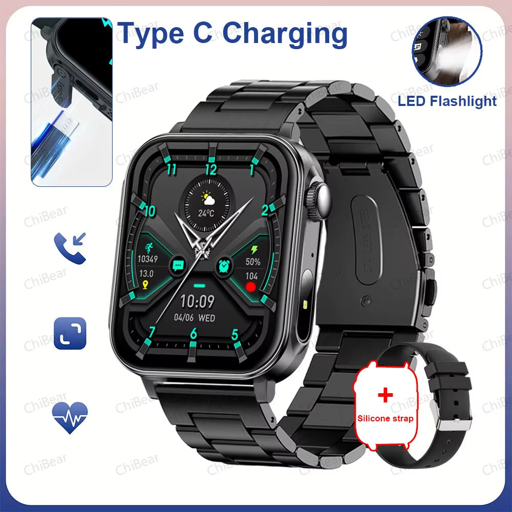 New Type-C Charging Bluetooth Call Smart Watch 1.83‘’ HD Full Screen Touch Flashlight 100+ Sports Mode Waterproof Smartwatch