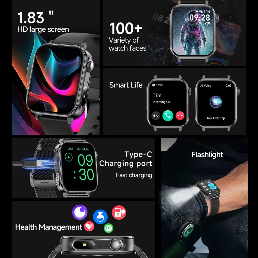 New Type-C Charging Bluetooth Call Smart Watch 1.83‘’ HD Full Screen Touch Flashlight 100+ Sports Mode Waterproof Smartwatch