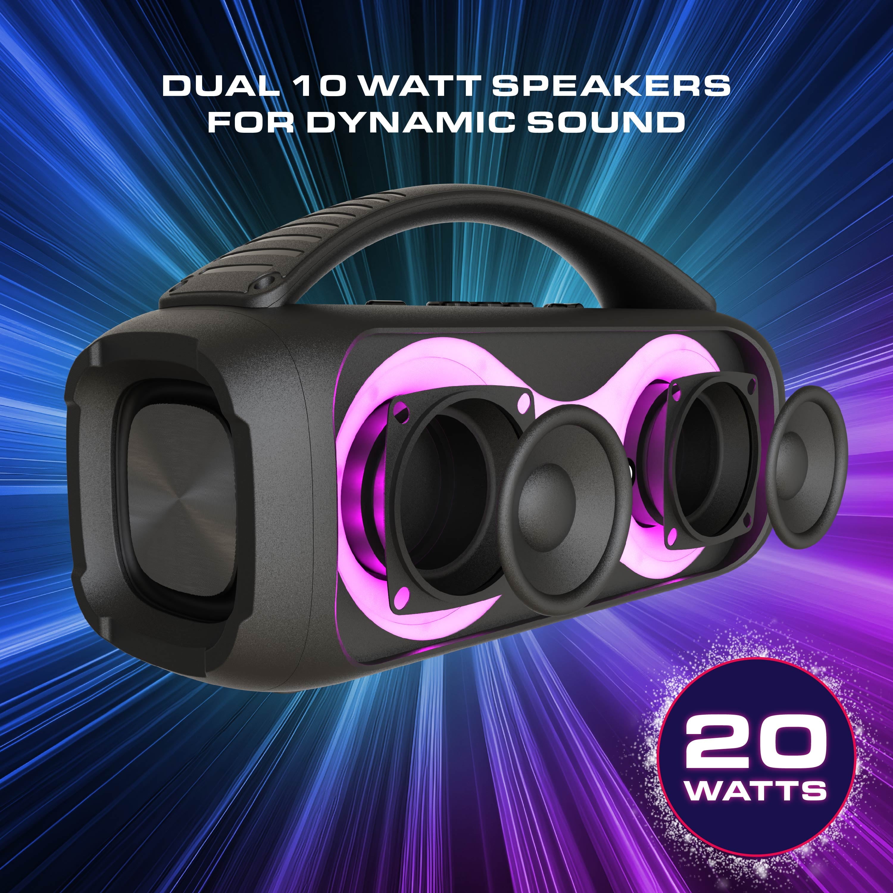 Portable Bluetooth Speaker with LED Lights and Carrying Handle, Black