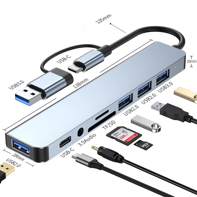 8 in 2 USB +Type C HUB Docking Station with 3.5Mm Audio Jack Adapter Micro SD Card Reader Laptop Tablet Phone Disk Converter