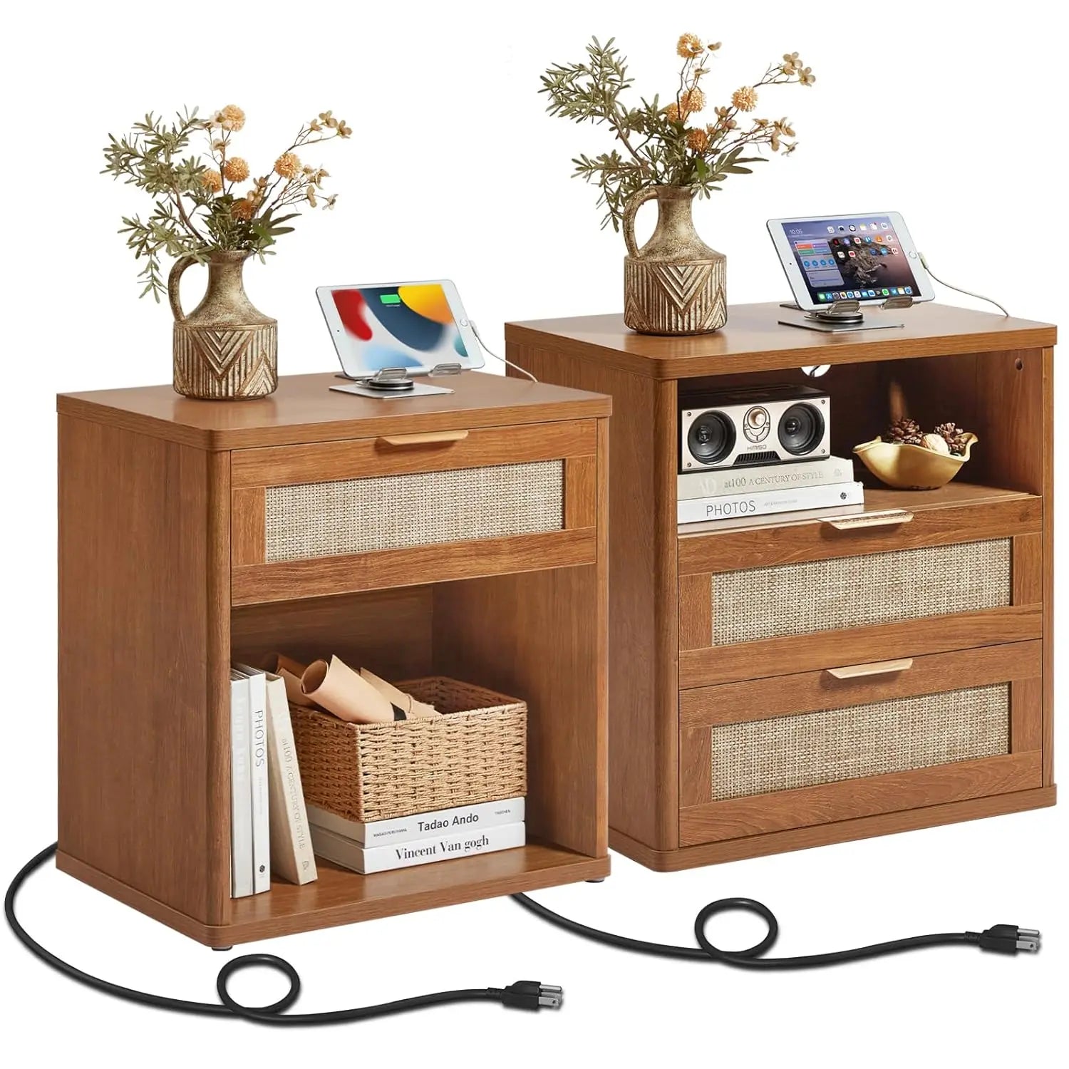 Rattan Nightstand Set of 2 with Charging Station, 1 & 2 Drawers Boho Night Stand Dresser for Bedroom, Natural Wood, Customized