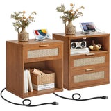Rattan Nightstand Set of 2 with Charging Station, 1 & 2 Drawers Boho Night Stand Dresser for Bedroom, Natural Wood, Customized
