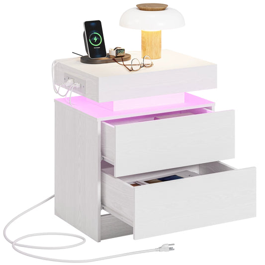 Night Stand with Charging Station, Modern Nightstand with LED Light and Drawers, Bedside Tables/End Table for Bedroom