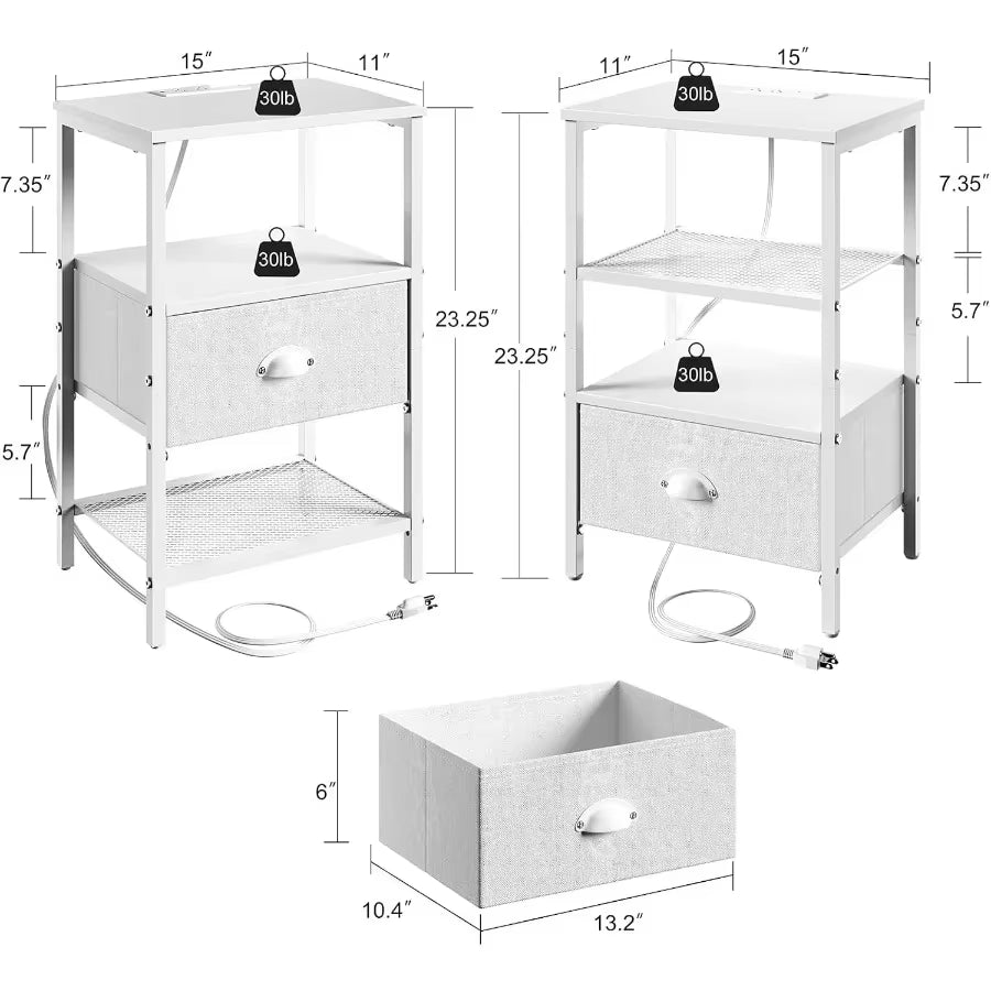 Sthmec Nightstands Set of 2 LED Bedside Tables with Charging Station and Fabric Drawer Night Stand with Storage 3 Tier Side Tab