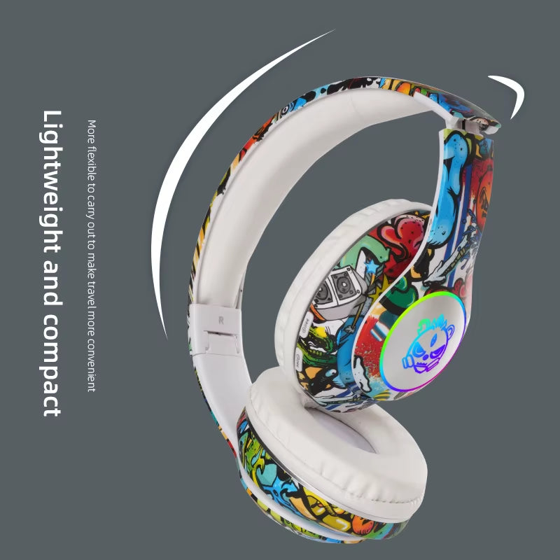 Graffiti Bluetooth Headphones Wireless LED Light Game Doodle Wireless Headsets with Mic for Kids Boy Girl Gift Support TF Card