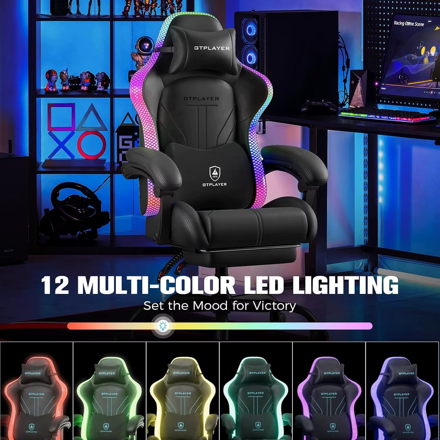 Ergonomic Gaming Chair with RGB LED Lights, High Back, Footrest & Reclining for Office Use
