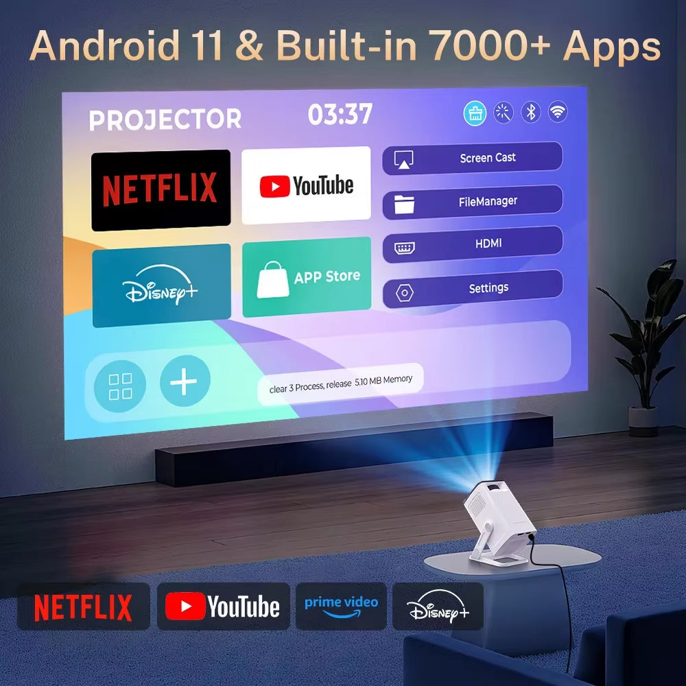 Mini Projector 1080P/4K Supported, Wifi 6 & Bluetooth 5.4, Android TV Short Throw Portable Beamer for Home Theater Outdoor Movie