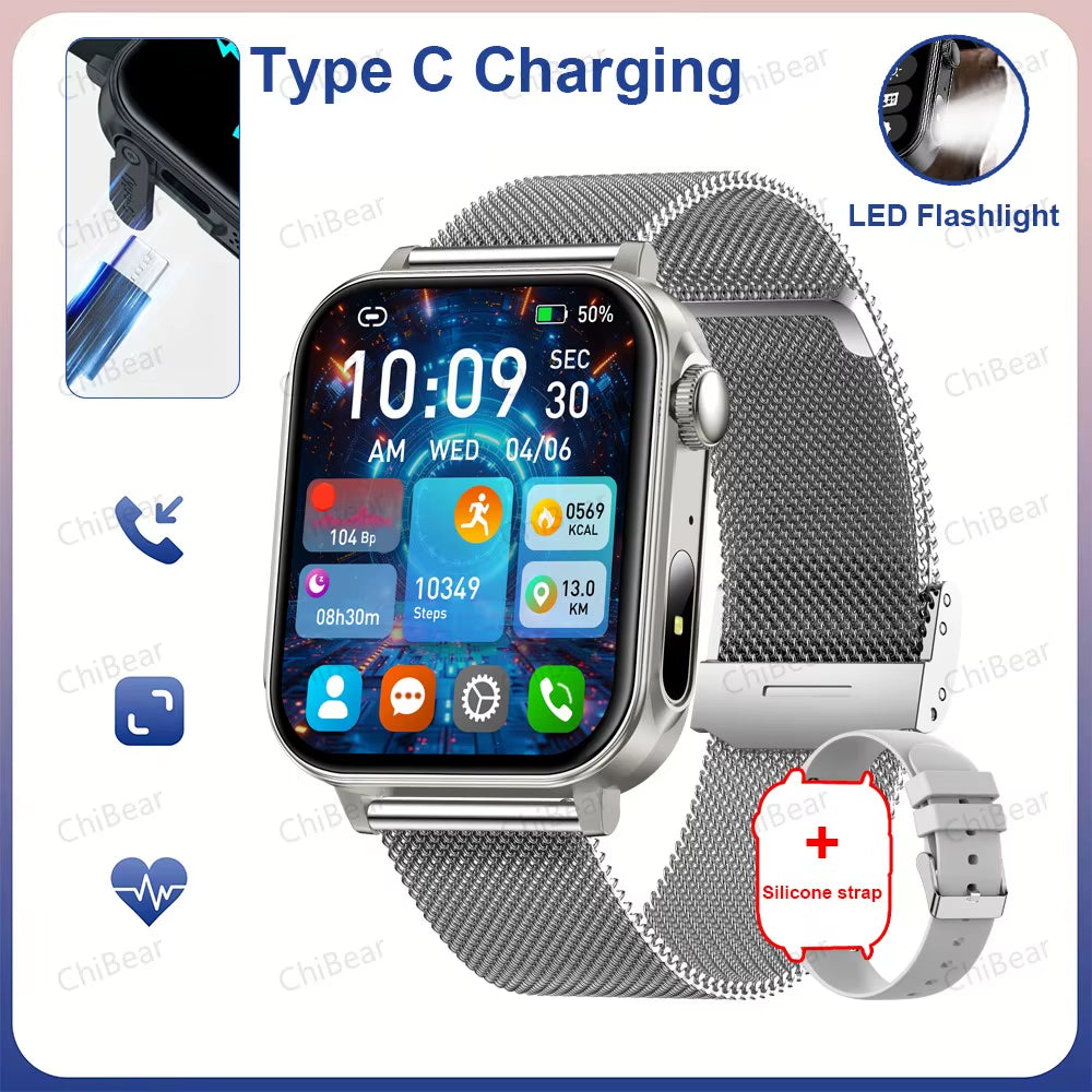 New Type-C Charging Bluetooth Call Smart Watch 1.83‘’ HD Full Screen Touch Flashlight 100+ Sports Mode Waterproof Smartwatch