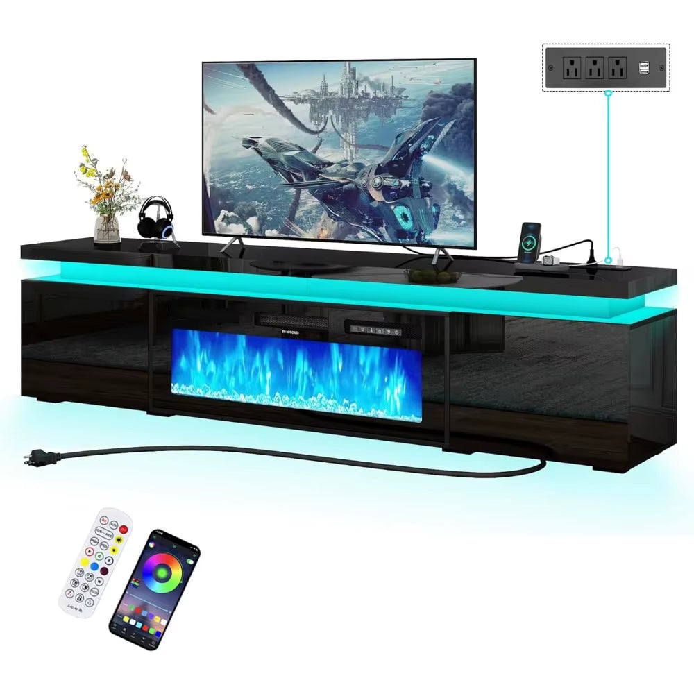 Black High Gloss LED TV Stand with Electric Fireplace and Power Outlet, 2 Storage Cabinets for 95 "TV Modern Furniture