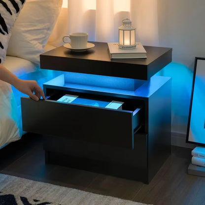 Nightstand LED Set of 2 Black Bedside Table LED Night Stand with LED Lights Modern End Side Table with 2 Drawers for Bedroom