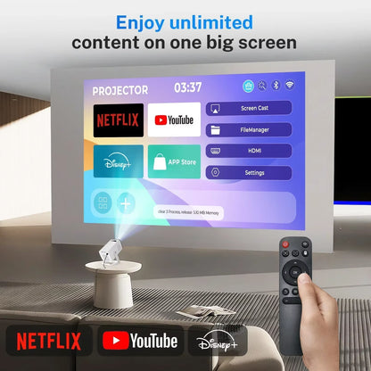 Smart Mini Projector 1080P 4K Support with Wifi 6 & BT 5.4 Built-In Apps Android TV Auto Keystone 180° Rotation Outdoor Beamer