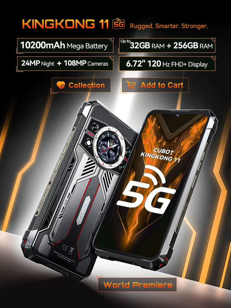 Rugged Smartphone 5G  Kingkong 11, 10200Mah Battery, Dimensity 7025, 6Nm, 2.5Ghz, 32GB RAM(16+16), 256GB ROM,108MP Camera