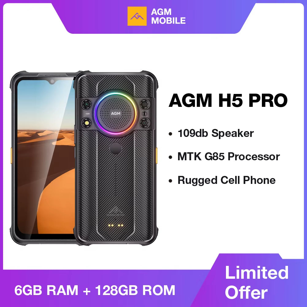H5 Pro Rugged Helio G85 Smartphone, 6.56" HD+, 6GB+128GB, 48MP Camera, 7000Mah with NFC/IP68, 109Db Speaker and Night Vision