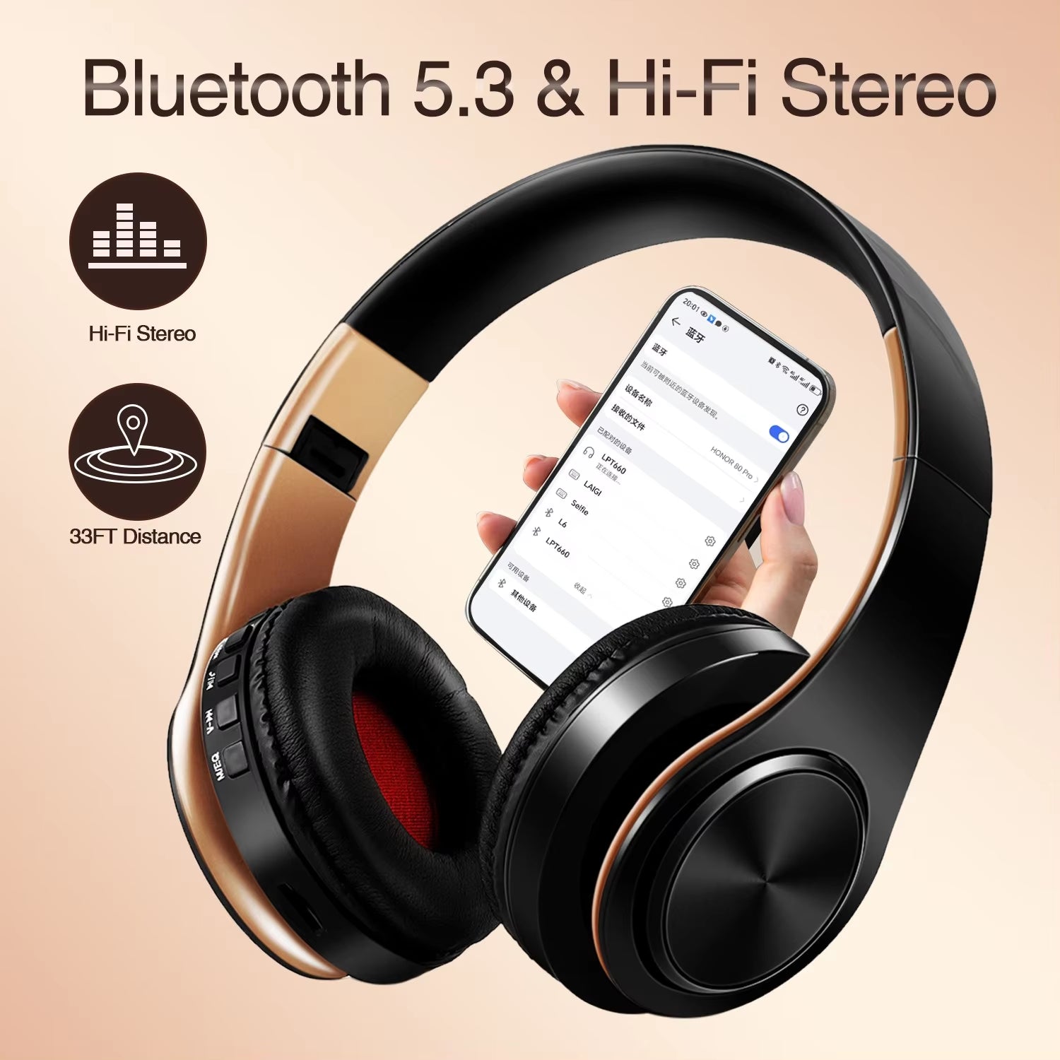 Men Gift Gold Wireless Headphones Bluetooth Earphone Stereo Headset Game with Build-In MIC with Universal for Android and Ios