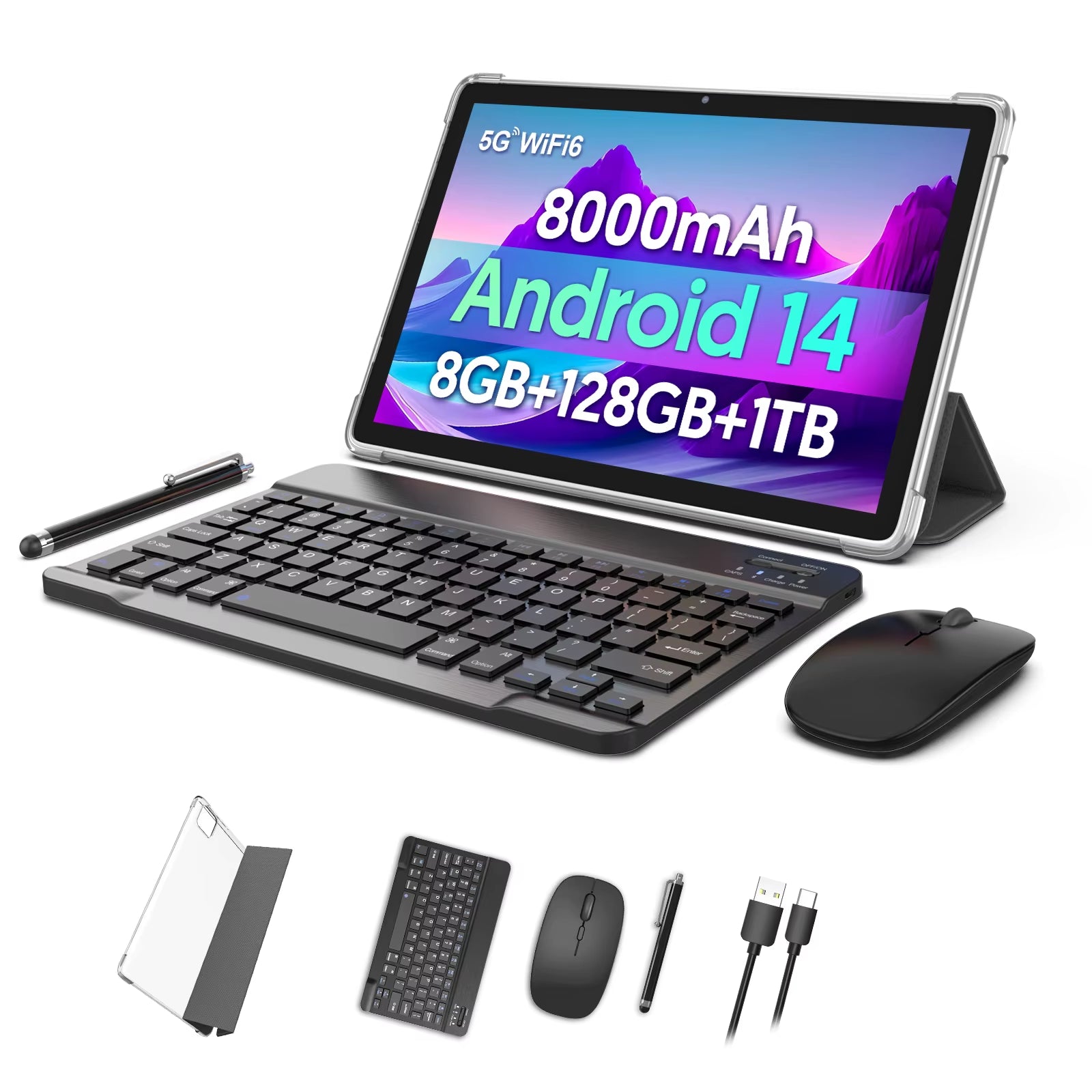 Android 14 Tablet, with Keyboard, Mouse, Protective Case, Stylus, 8(4+4) GB+128GB, Octa-Core Processor, GMS Certification