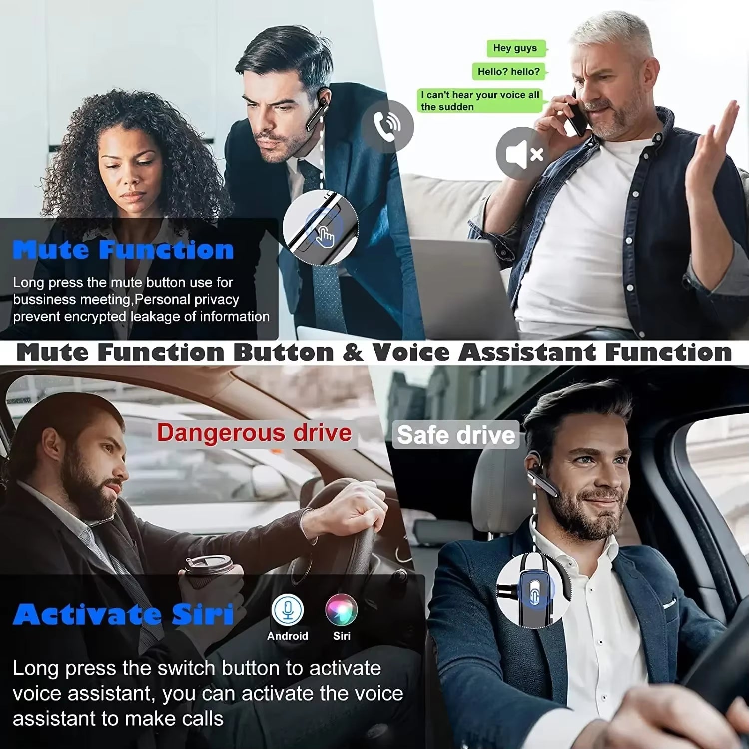 Wireless Headphones Bluetooth Earphone with Microphon ENC Noise Cancelling Handsfree Talking Headset Busines Auriculares Driving