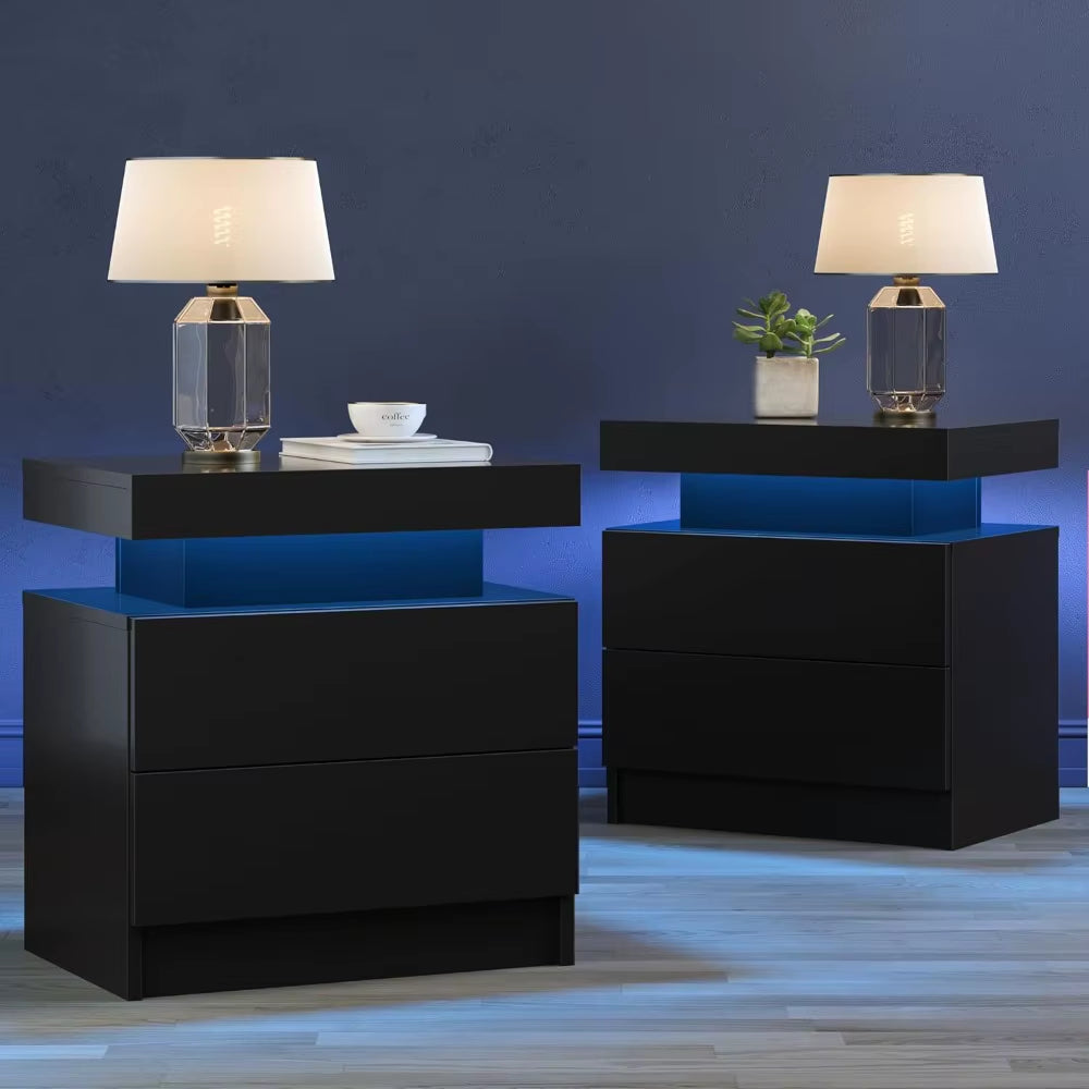 Nightstand LED Set of 2 Black Bedside Table LED Night Stand with LED Lights Modern End Side Table with 2 Drawers for Bedroom