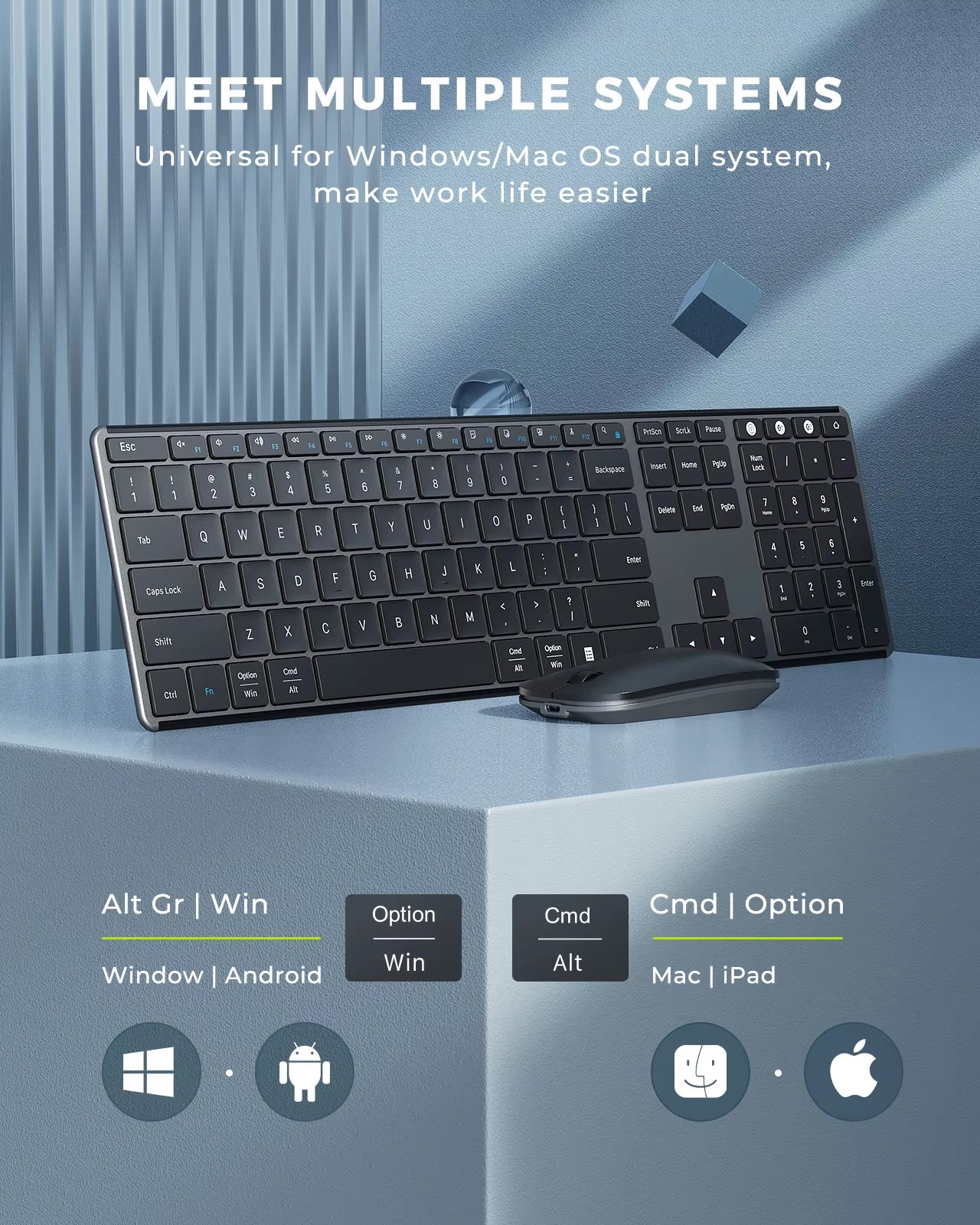 Wireless Bluetooth Keyboard and Mouse Combo Multi-Device Rechargeable Slim Keyboards and Mice for Win Macbook Pro Air