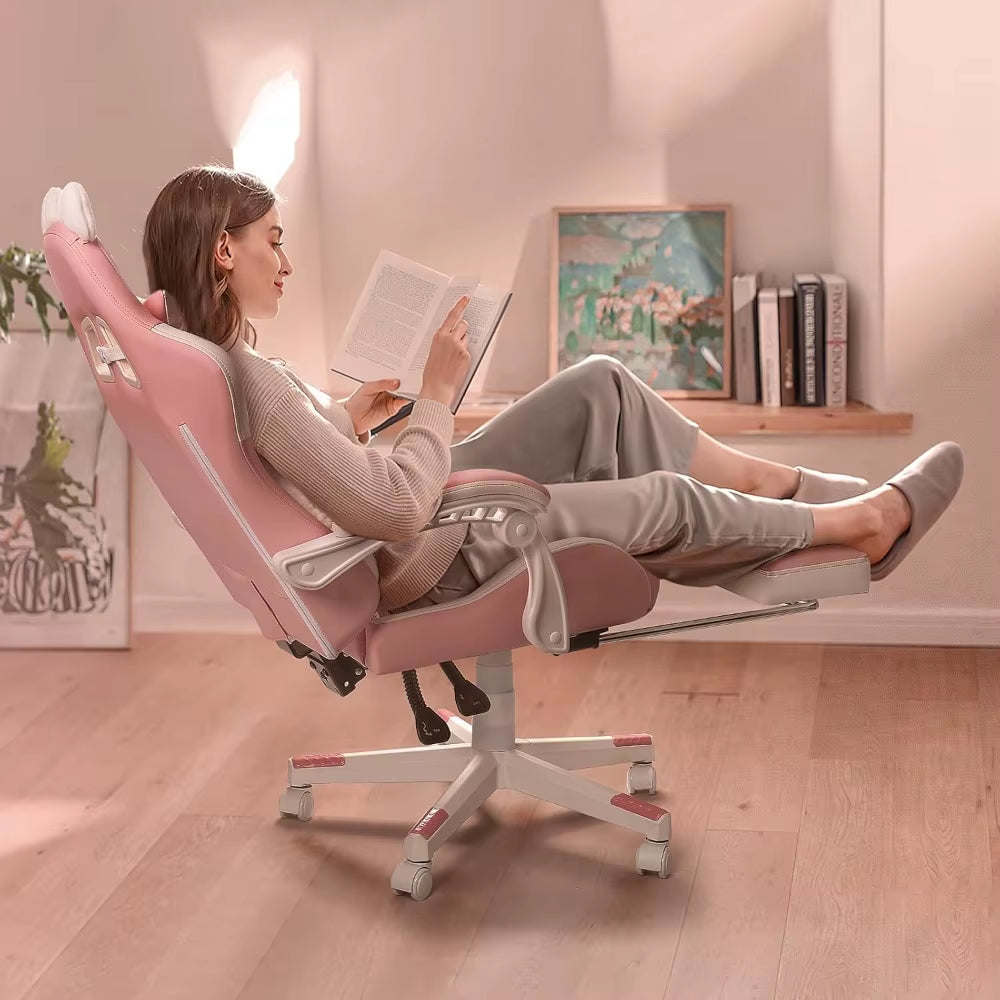 Cute Pink Gaming Chair with Cat Ears & Paw Lumbar Cushion, Ergonomic Reclining PC Chair for Girls with Footrest